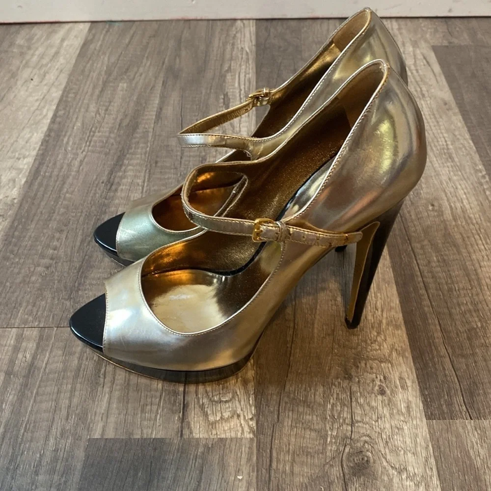 Miu Miu Platform Heels Gold Black Peep Toe